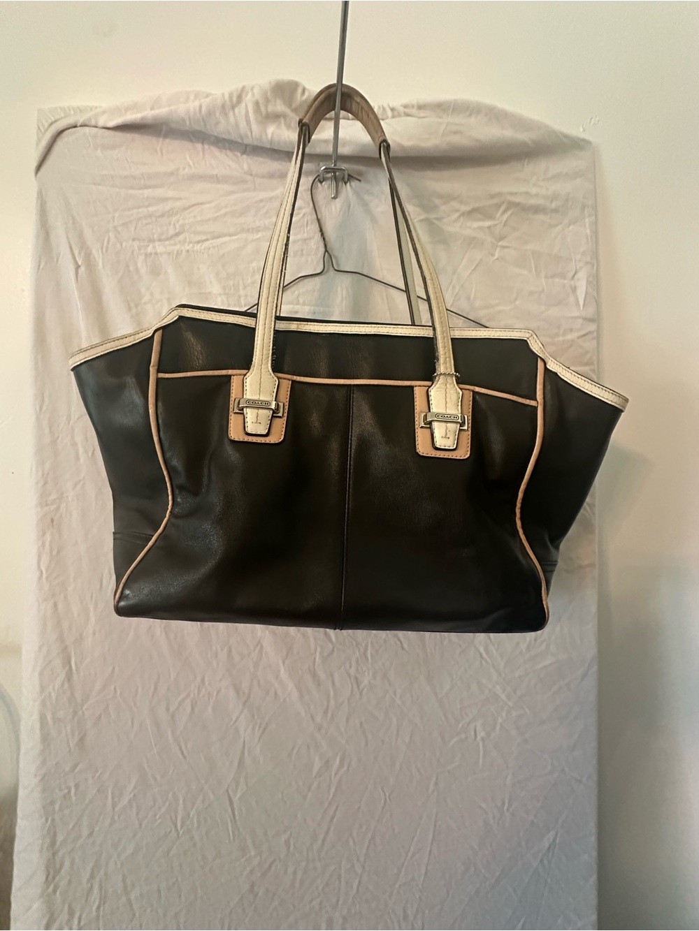 Classic Black Tote with Cream Trim - Ladies Shoulder Bag